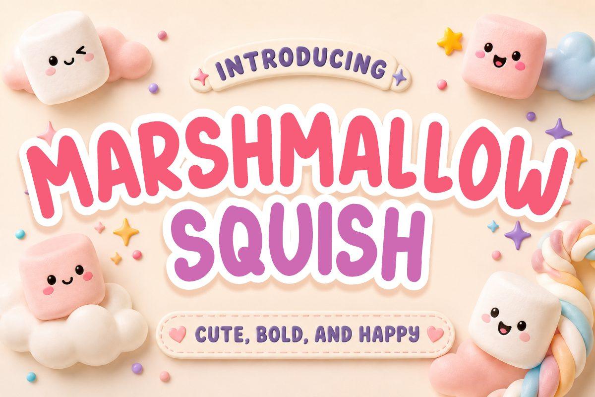 Marshmallow Squish Font by KiddoCraft, chunky rounded capitals in pink and violet