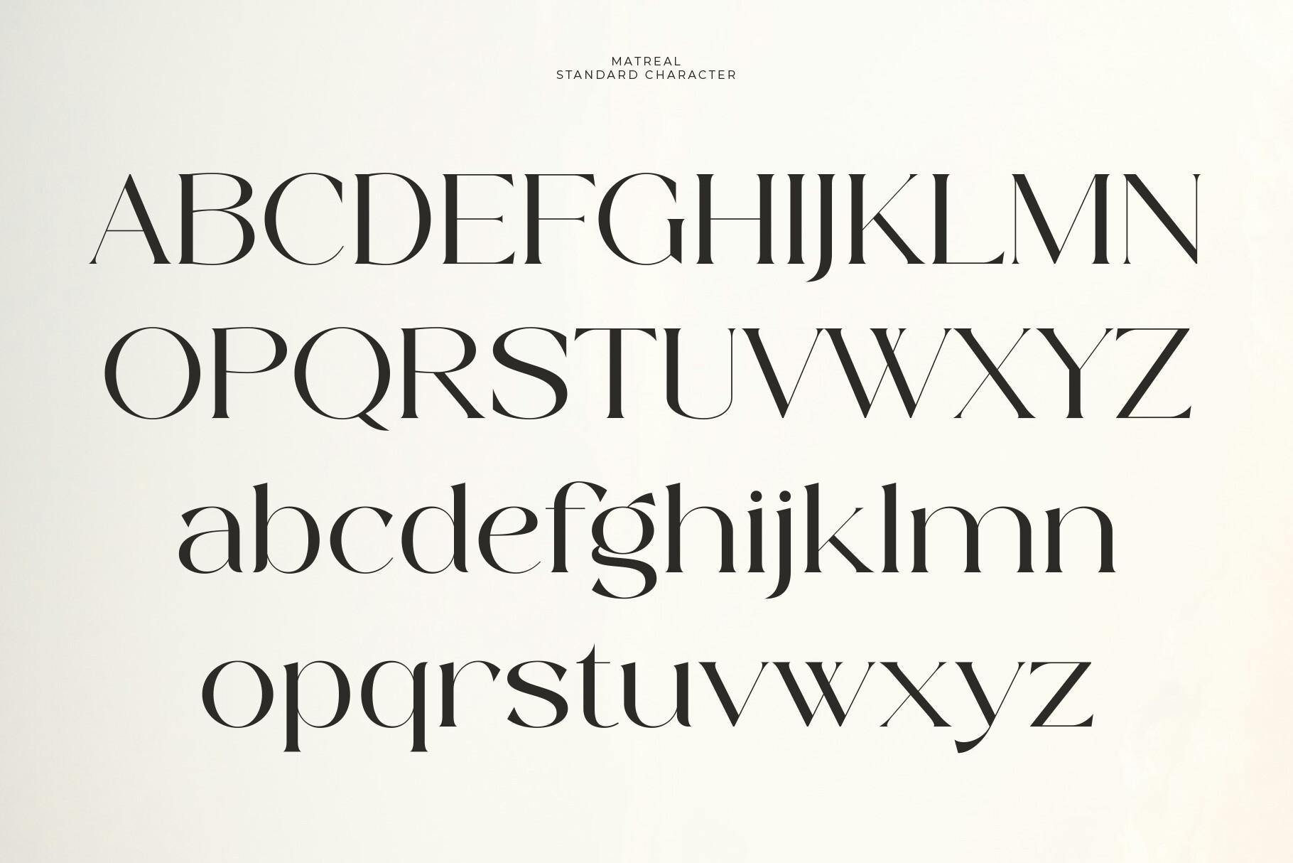 Matreal Font by Muflieart standard characters, wide high-contrast display serif