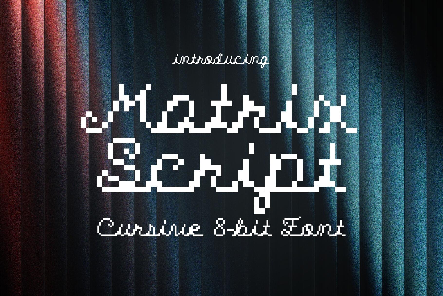 Matrix Font by HipFonts, white pixel cursive letters on a dark curtain background