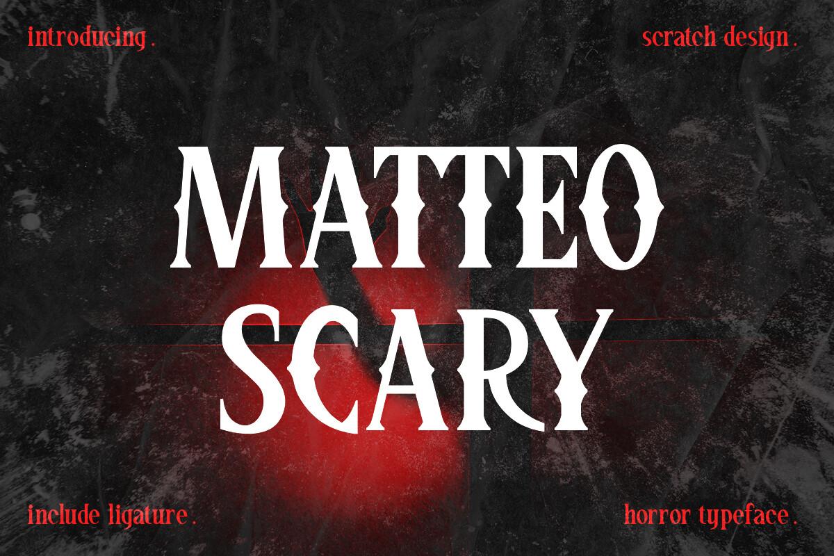 Matteo Scary Font by Scratch Design, serif capitals with flared claw-like serifs on a dark background