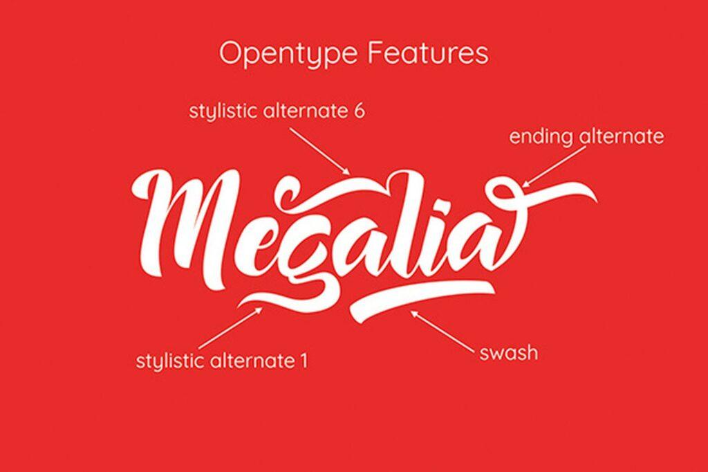 Megalia Font by Astageni, bold white retro brush script with a tail swash on a brown textured background