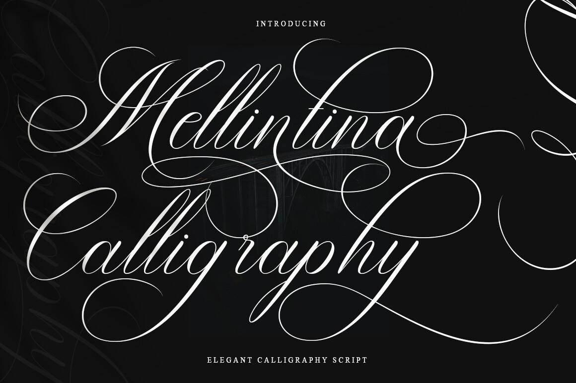Melintina Calligraphy Font by IM Studio, white pointed-pen calligraphy script on two interlaced lines, tattoo font preview