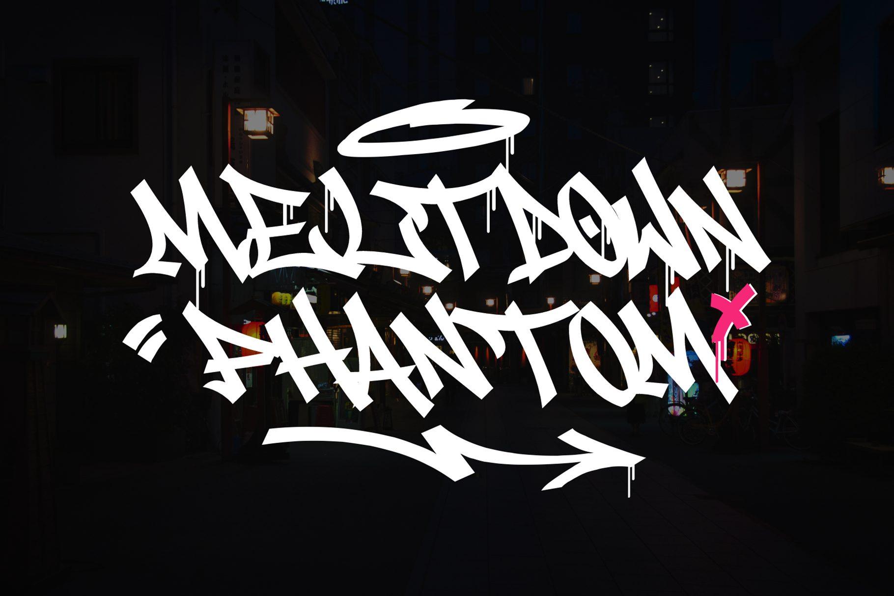 Meltdown Phantom Font by sipanji figuree, thin white graffiti tag script on black font preview