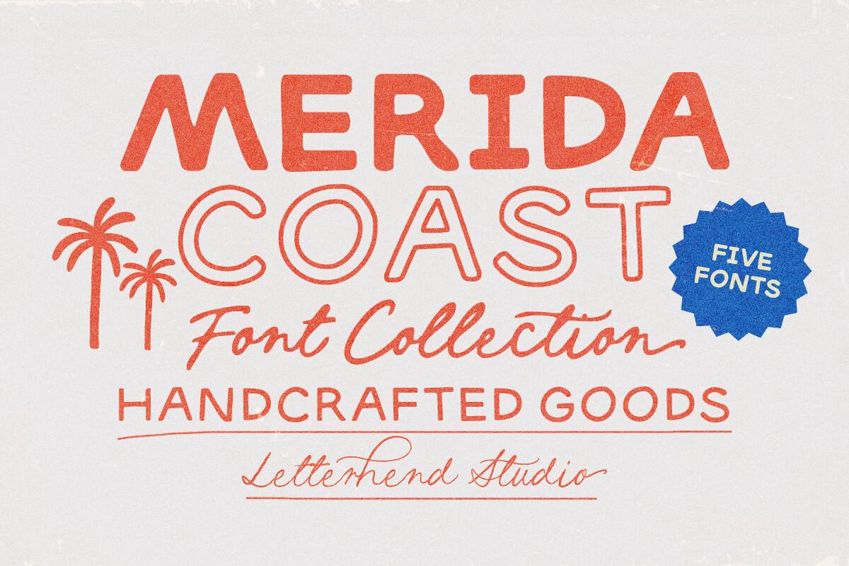 Merida Coast Font by letterhend, orange-red textured capitals with outlined monoline capitals and a thin script line beside palm drawings on a cream preview