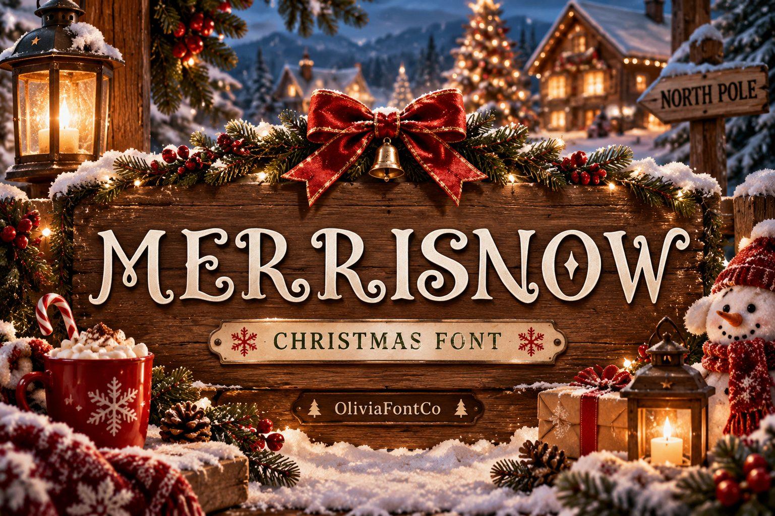 Merrisnow Font by OliviaFontCo, rustic serif capitals carved on a wooden sign