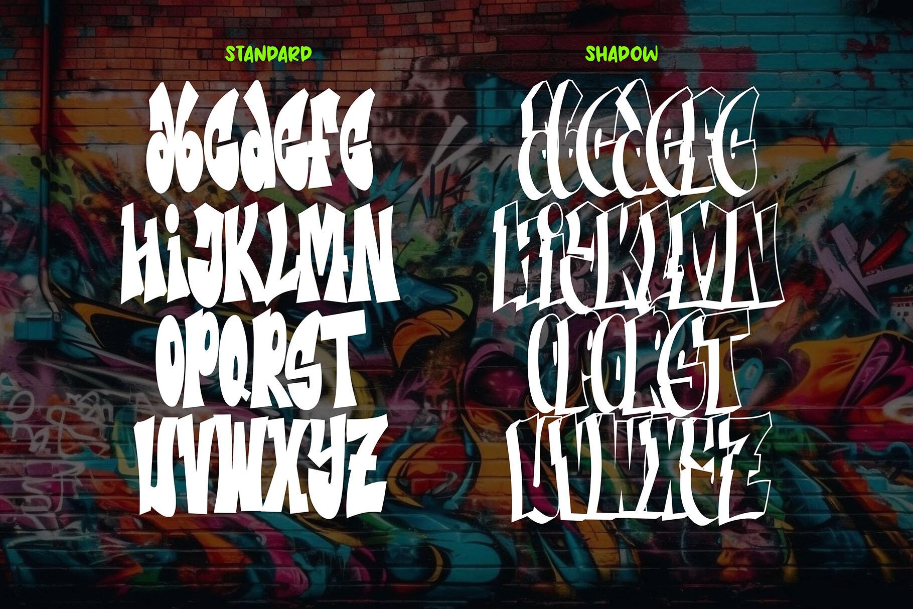 Metro Graffi Font by Cikareotype alphabet in Standard and Shadow styles