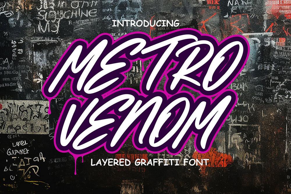 Metro Venom Font by Cikareotype, slanted white brush letters with a magenta outline font preview