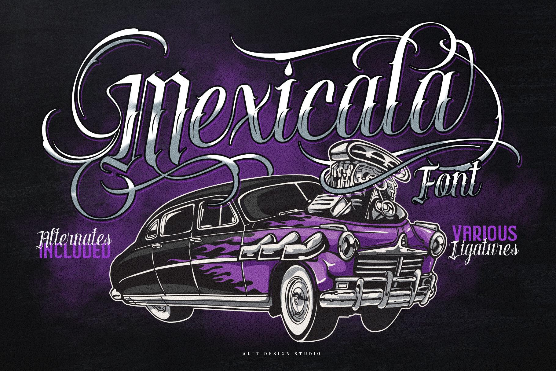 Mexicala Font by Alit Design, Chicano tattoo script next to a lowrider car illustration, tattoo font preview