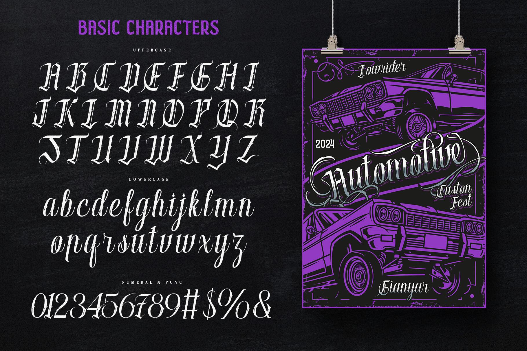Mexicala Font by Alit Design, full tattoo font alphabet with uppercase and lowercase letters
