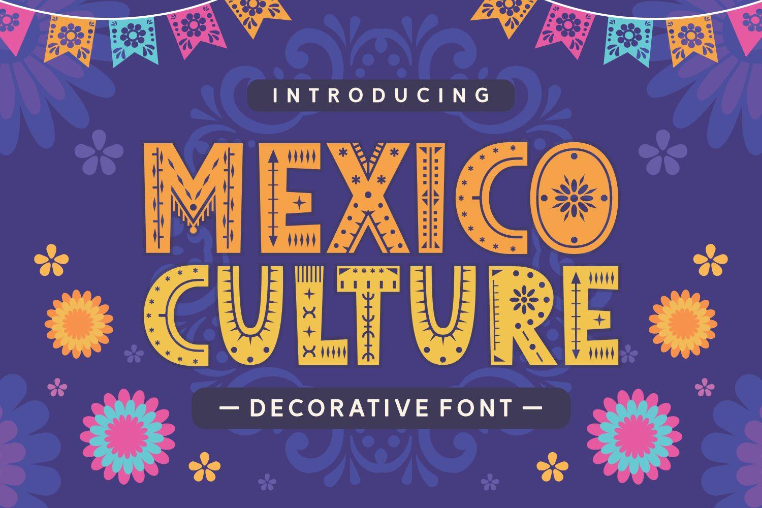 Mexico Culture Font by Situjuh, yellow folk-carved capitals on a purple preview with papel picado