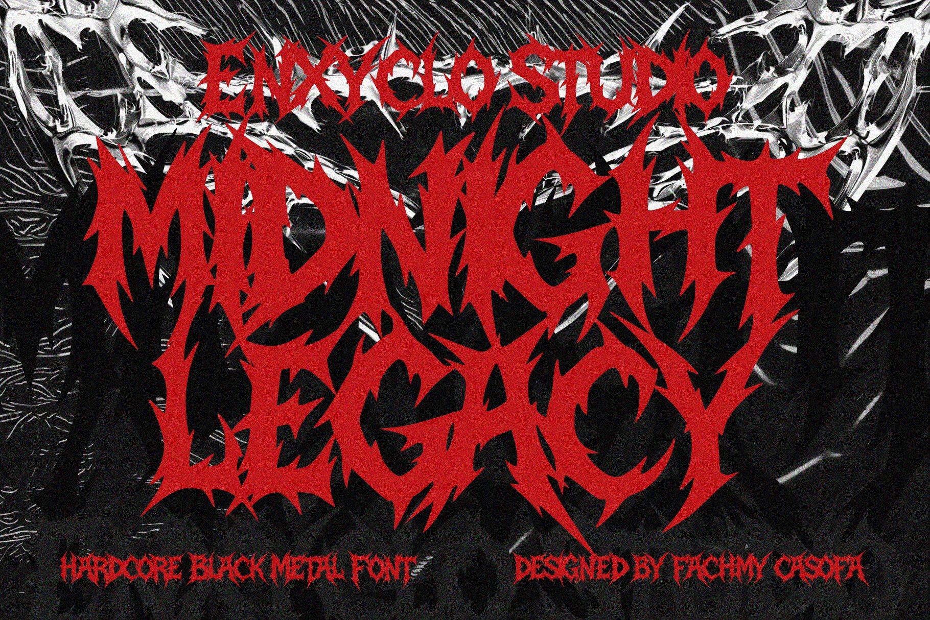 Midnight Legacy Font by Enxyclo, red spiky black metal style lettering with thorny lines, tattoo font preview