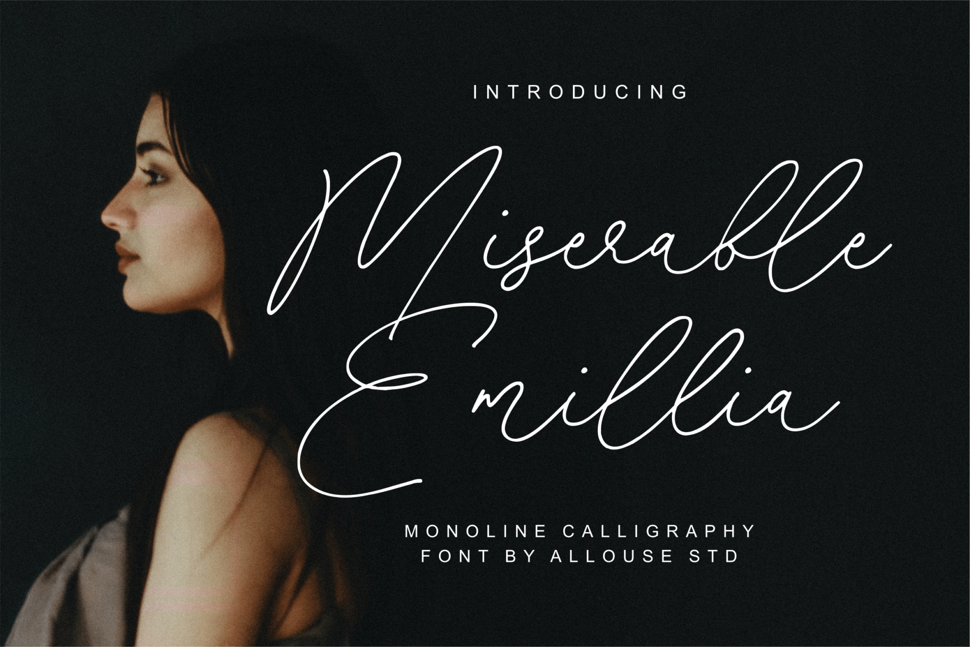 Miserable Emillia Font by allouse.studio, thin white monoline calligraphy over a dark portrait