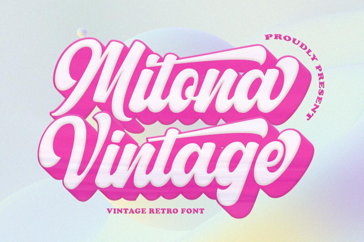 Mitona Vintage Font by LetterFreshStudio, pink slanted script with a white outline and a deep pink shadow on a pale mint preview
