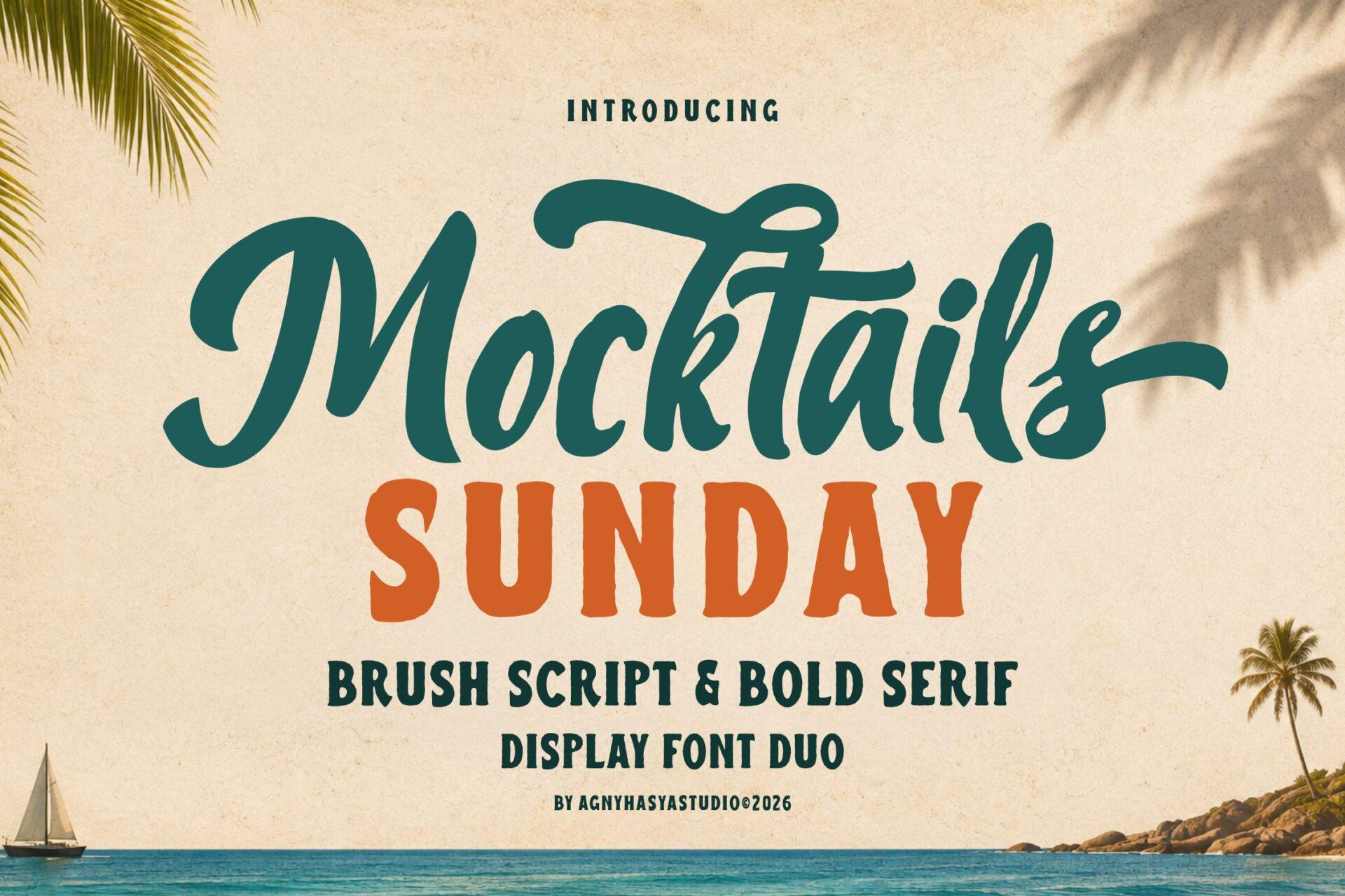 Mocktails Sunday Font by agnyhasyastudio, teal brush script over orange serif capitals font pairing preview