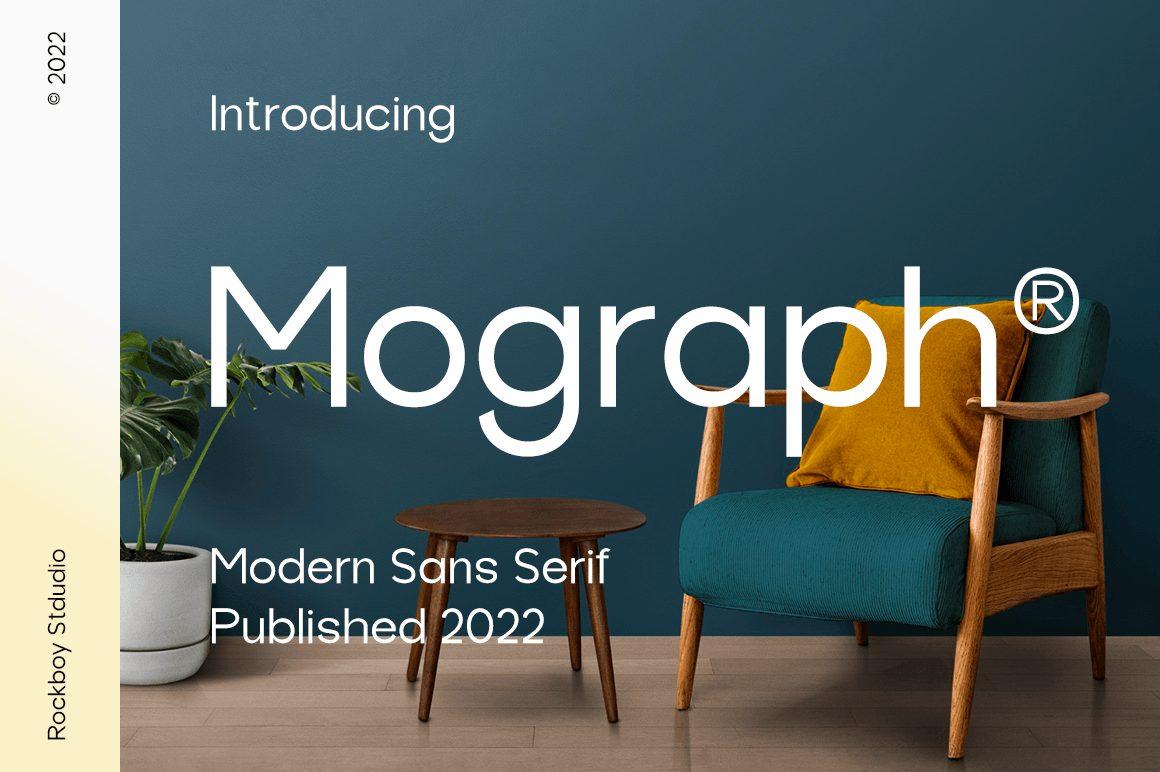 Mograph Font by RockboyStudio, light geometric wordmark on a teal interior photo