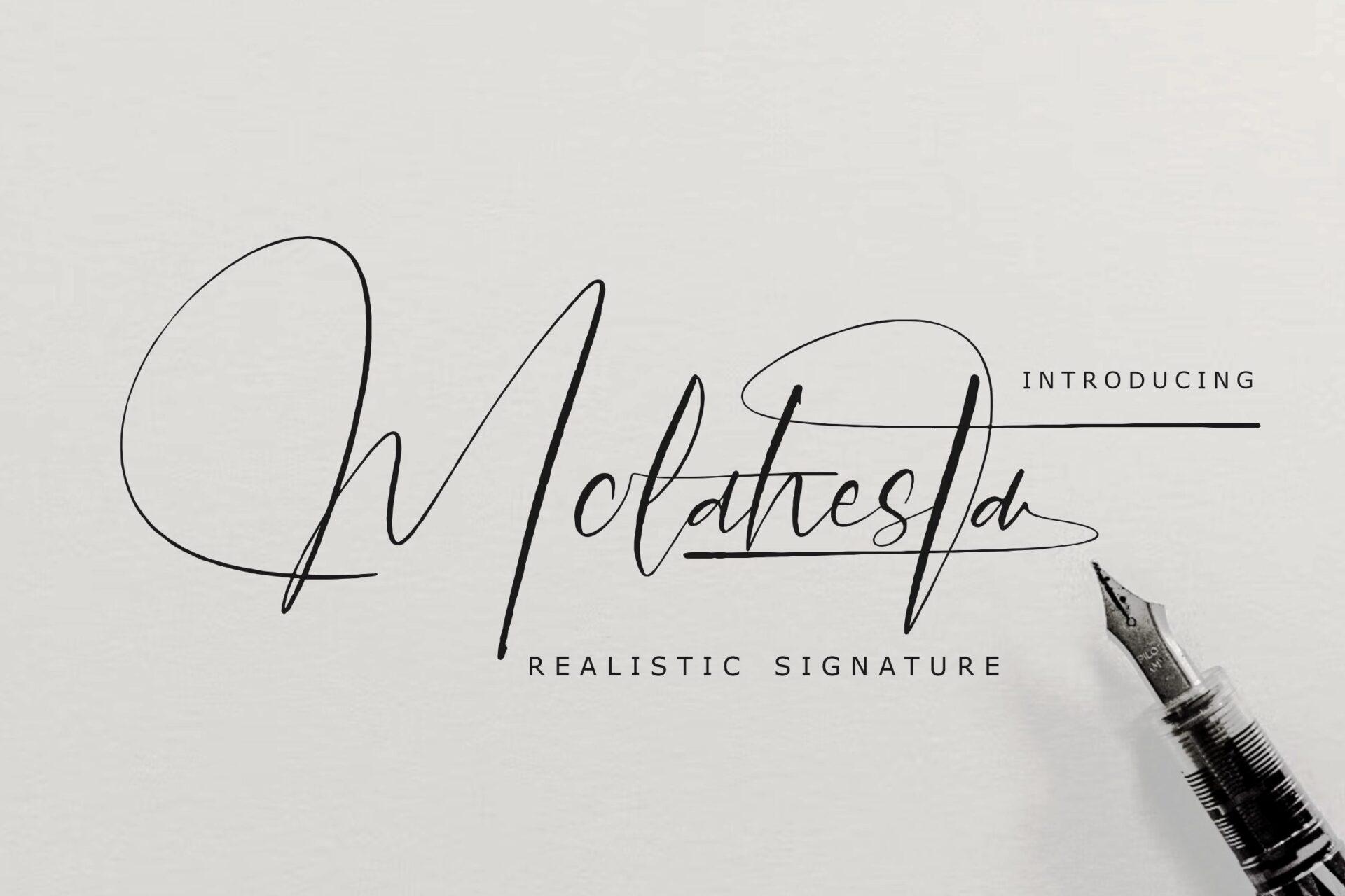 Molahesta Font by Storytype Studio, realistic hairline signature with an oversized crossed capital M