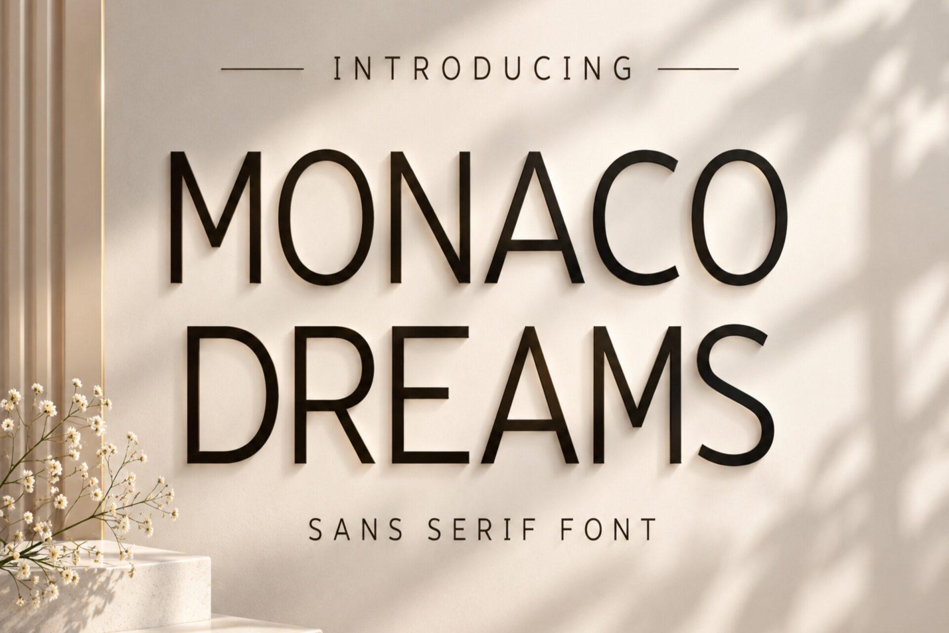 Monaco Dreams Font by 29Graphic, tall condensed sans serif capitals on a warm beige photo