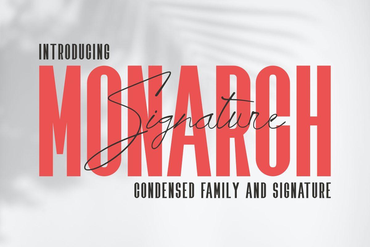 Monarch Signature Font by Eystore, condensed red capitals crossed by a signature script font pairing preview