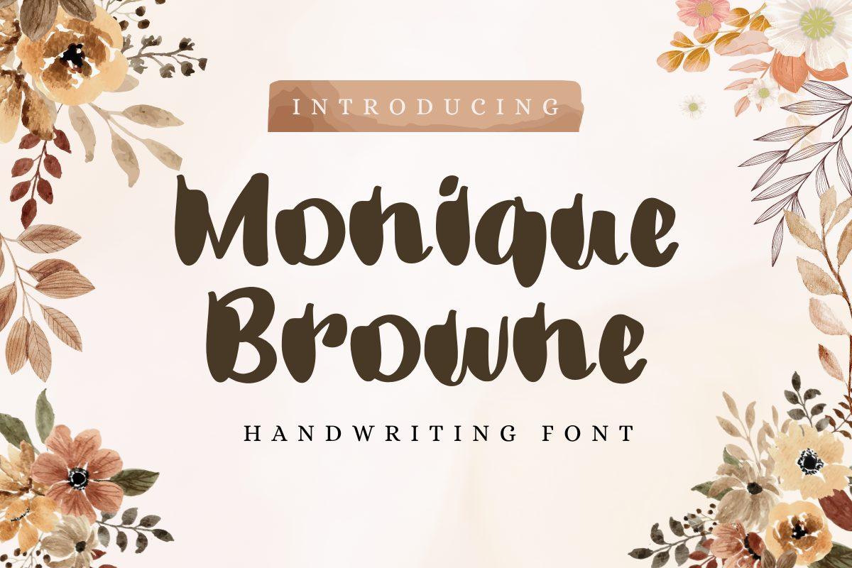 Monique Browne Font by perkasyabayu, soft chunky brown handwriting framed by autumn flowers
