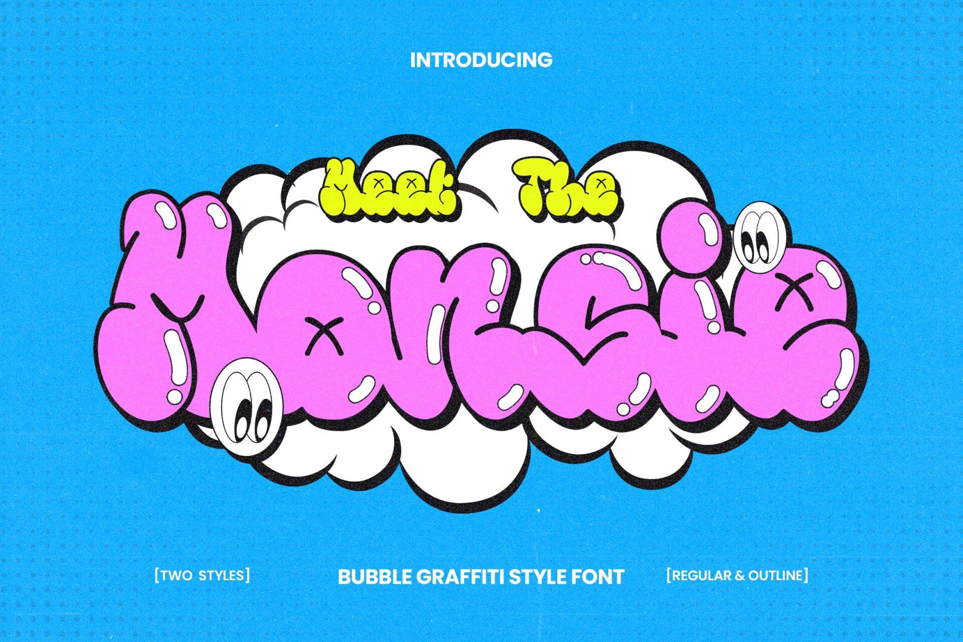 Monsie Font by snapedsgn, pink bubble letters with cartoon eyes on bright blue font preview