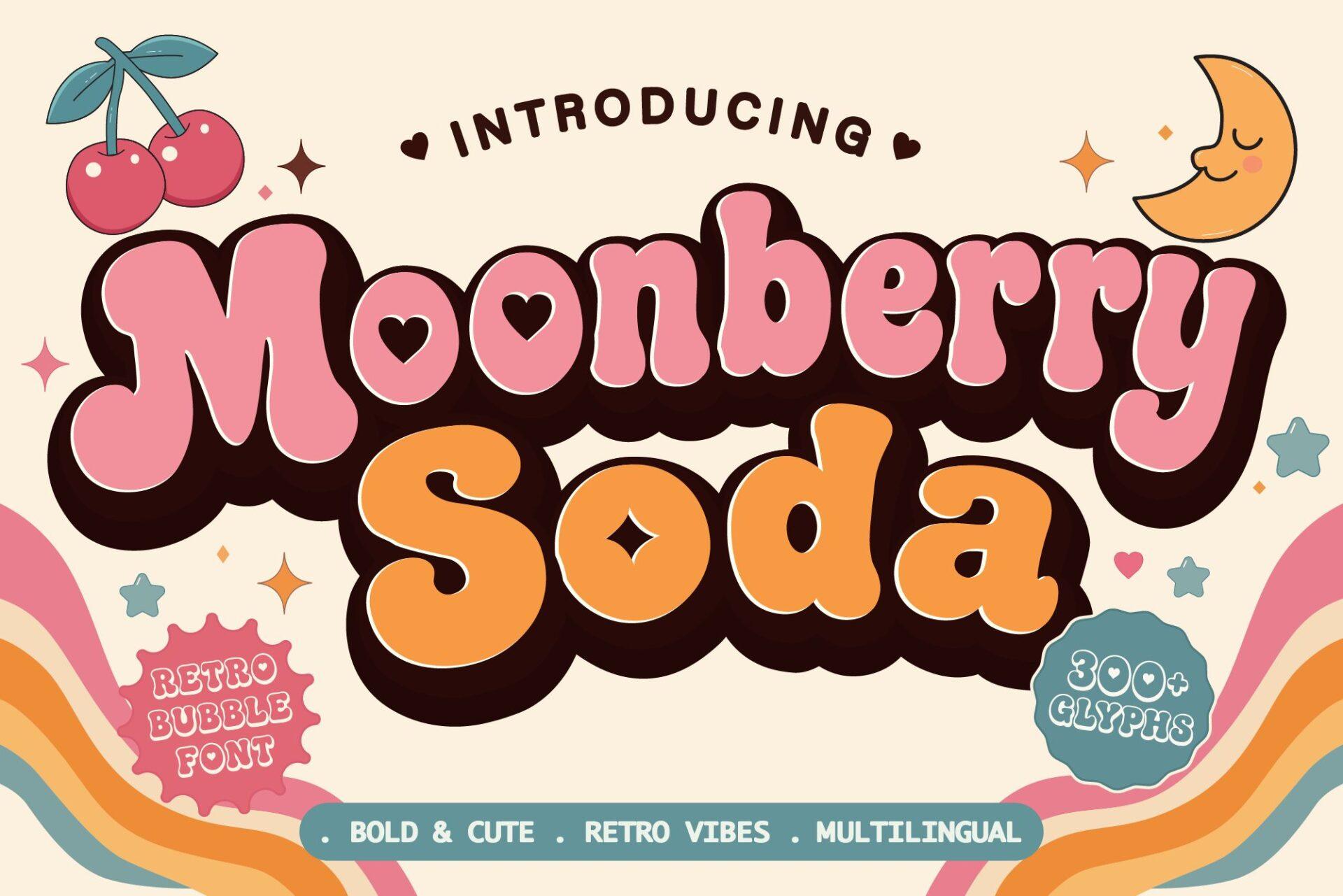 Moonberry Soda Font by TINY GRAPHIX, pink and orange retro bubble letters with a brown 3D outline and heart counters