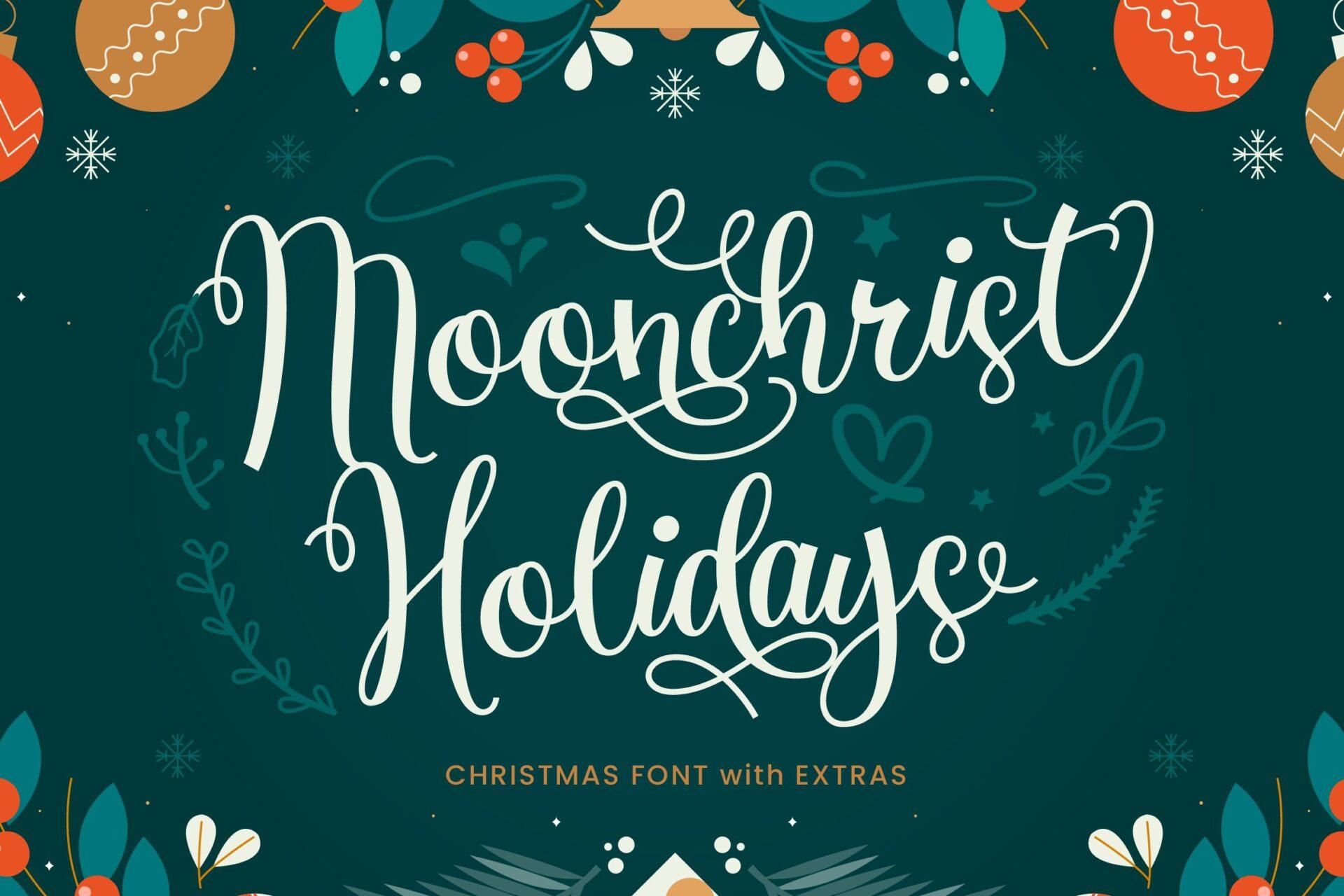Moonchrist Holidays Font by Lettersweet, formal looping script in cream on dark teal