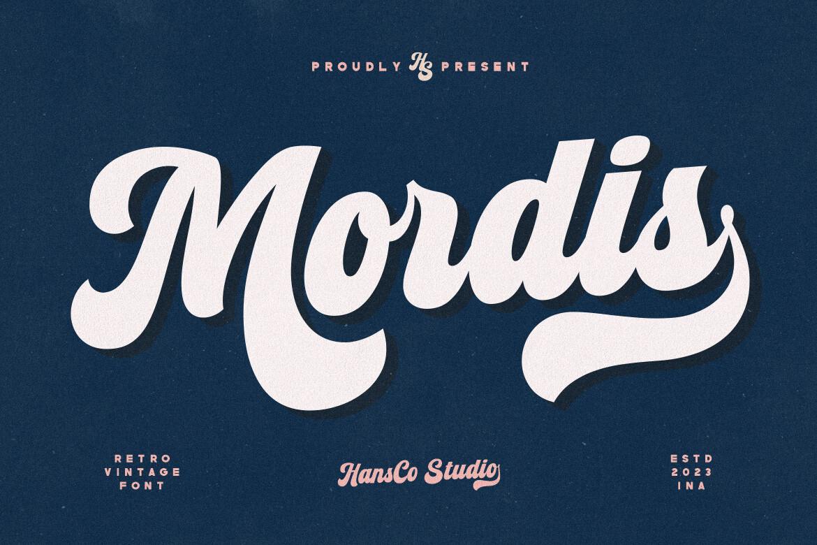 Mordis Font by HansCo, bold white retro script on a dark navy background