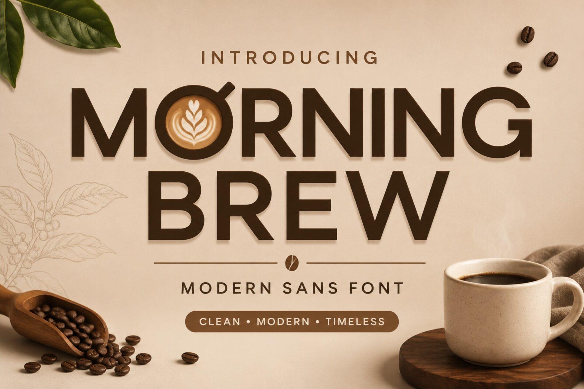 Morning Brew Font by Dreamspace.studio, bold capitals with a coffee bean in the O over a coffee cup photo