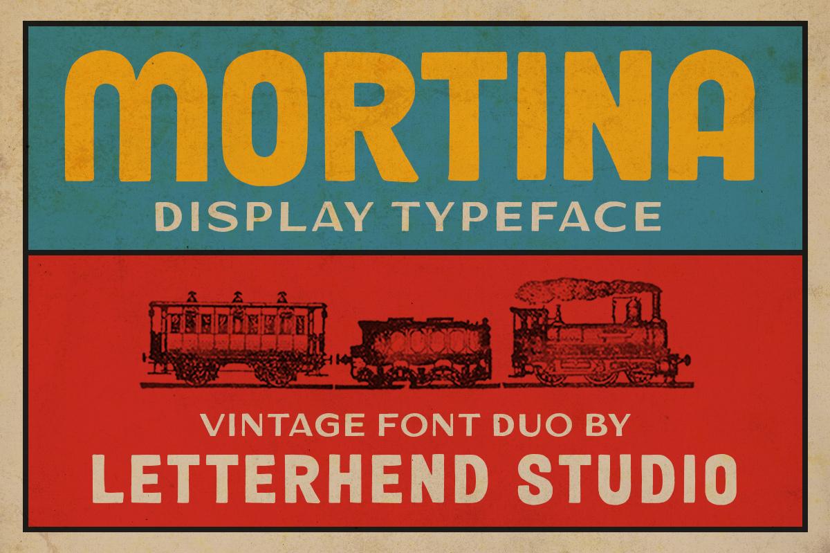 Mortina Font by letterhend, heavy rounded capitals on a vintage train poster font pairing preview