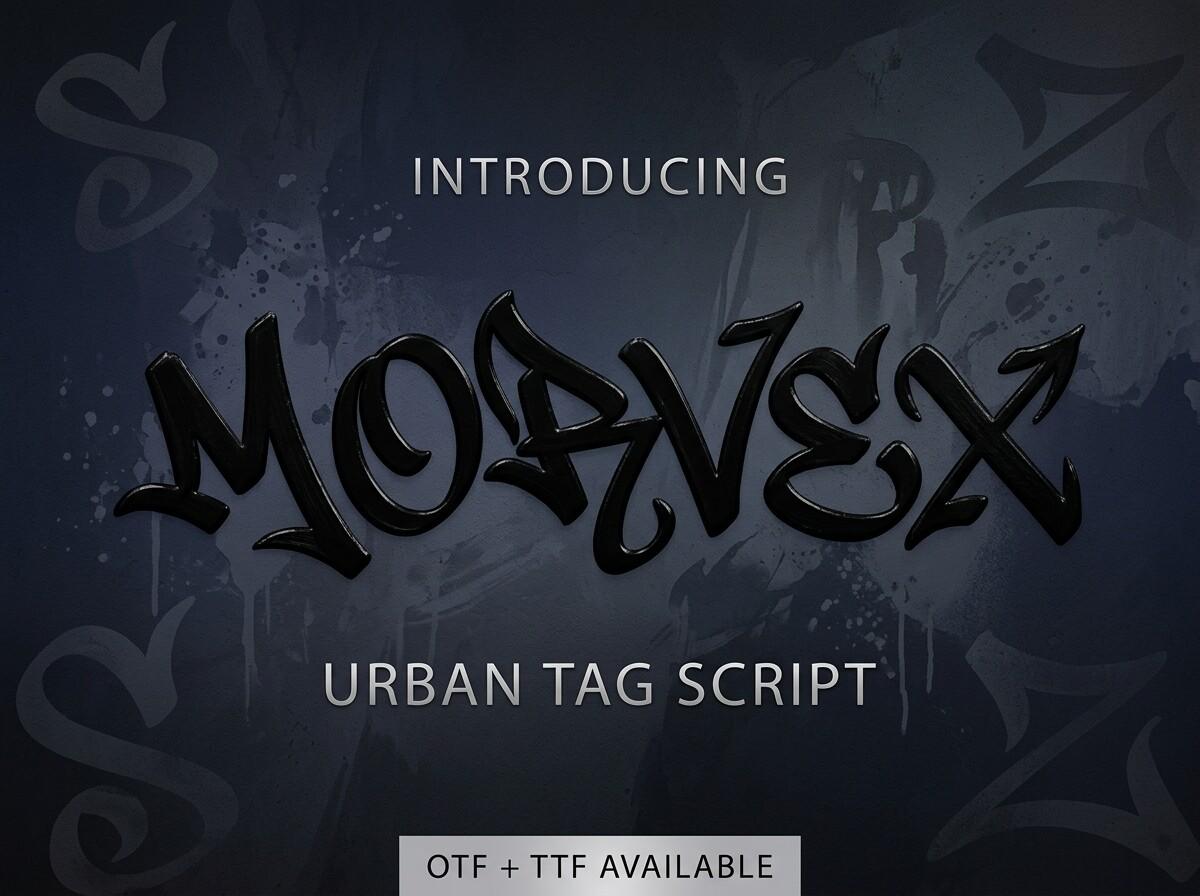 Morvex Font by dimukhi, dark urban tag script on a slate-gray background font preview