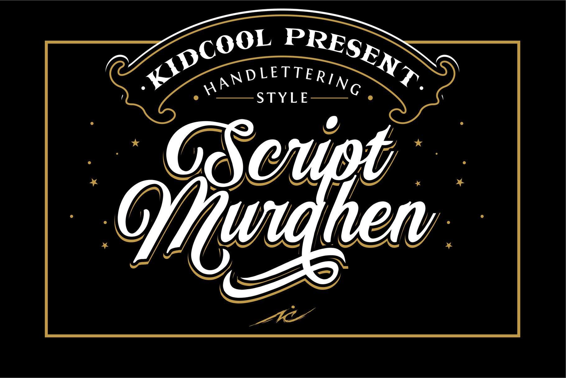 Murghen Script Font by senzana, ornate cream script with curling swashes inside a framed black vintage label