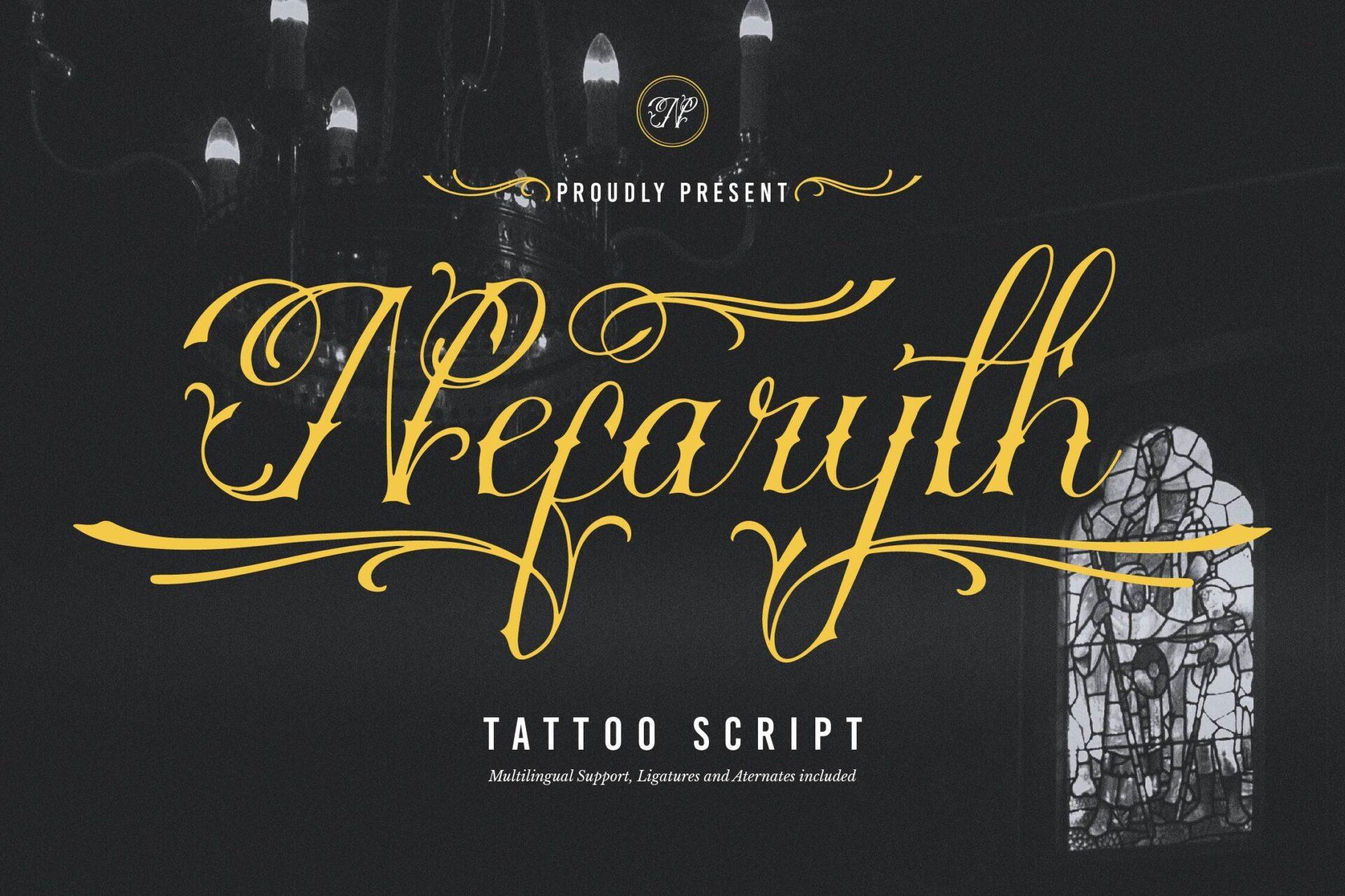 Nefaryth Font by Denustudios, gold tattoo script with a long horizontal swash under the word, tattoo font preview