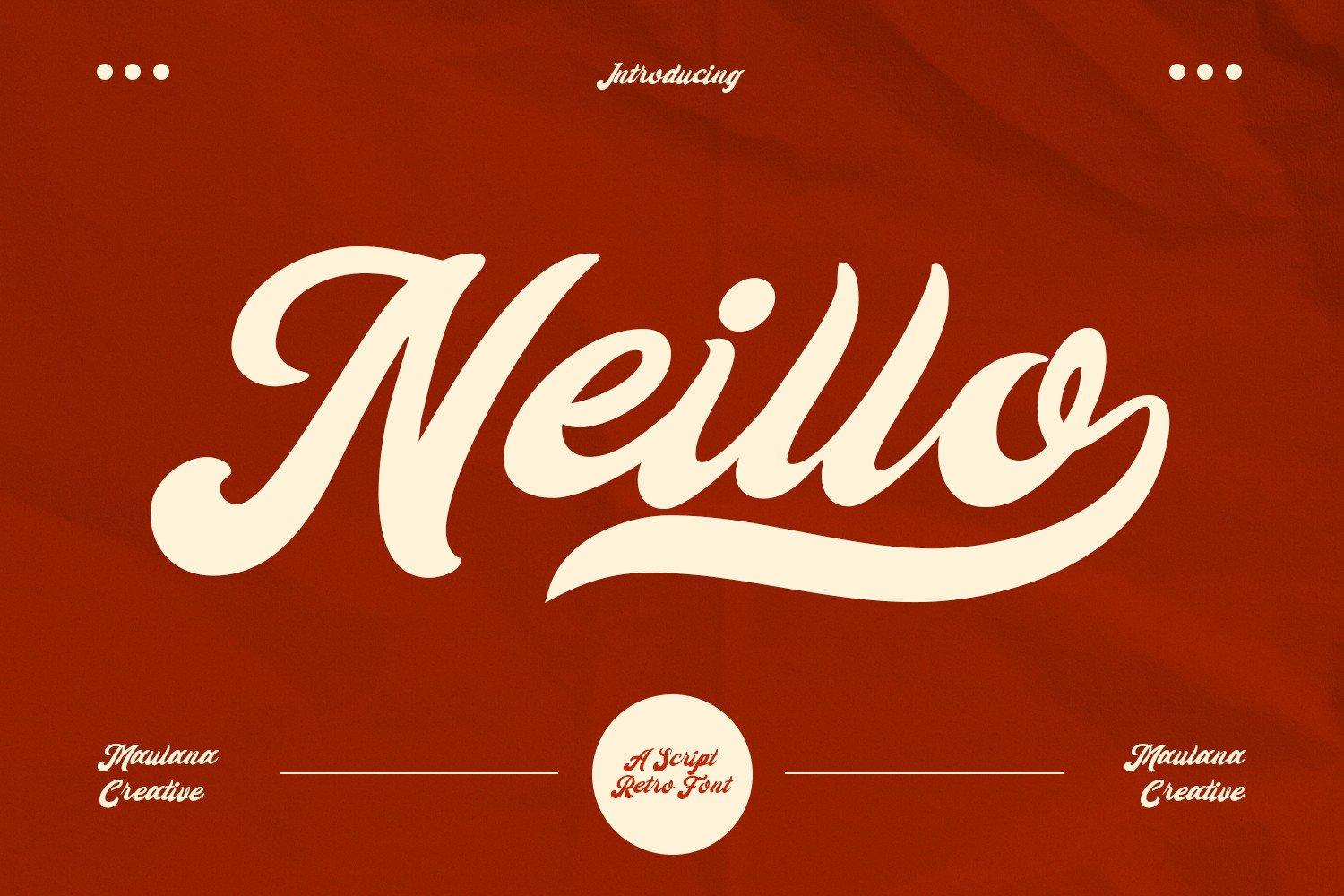 Neillo Font by Maulana Creative, bold cream retro script with a long underline tail