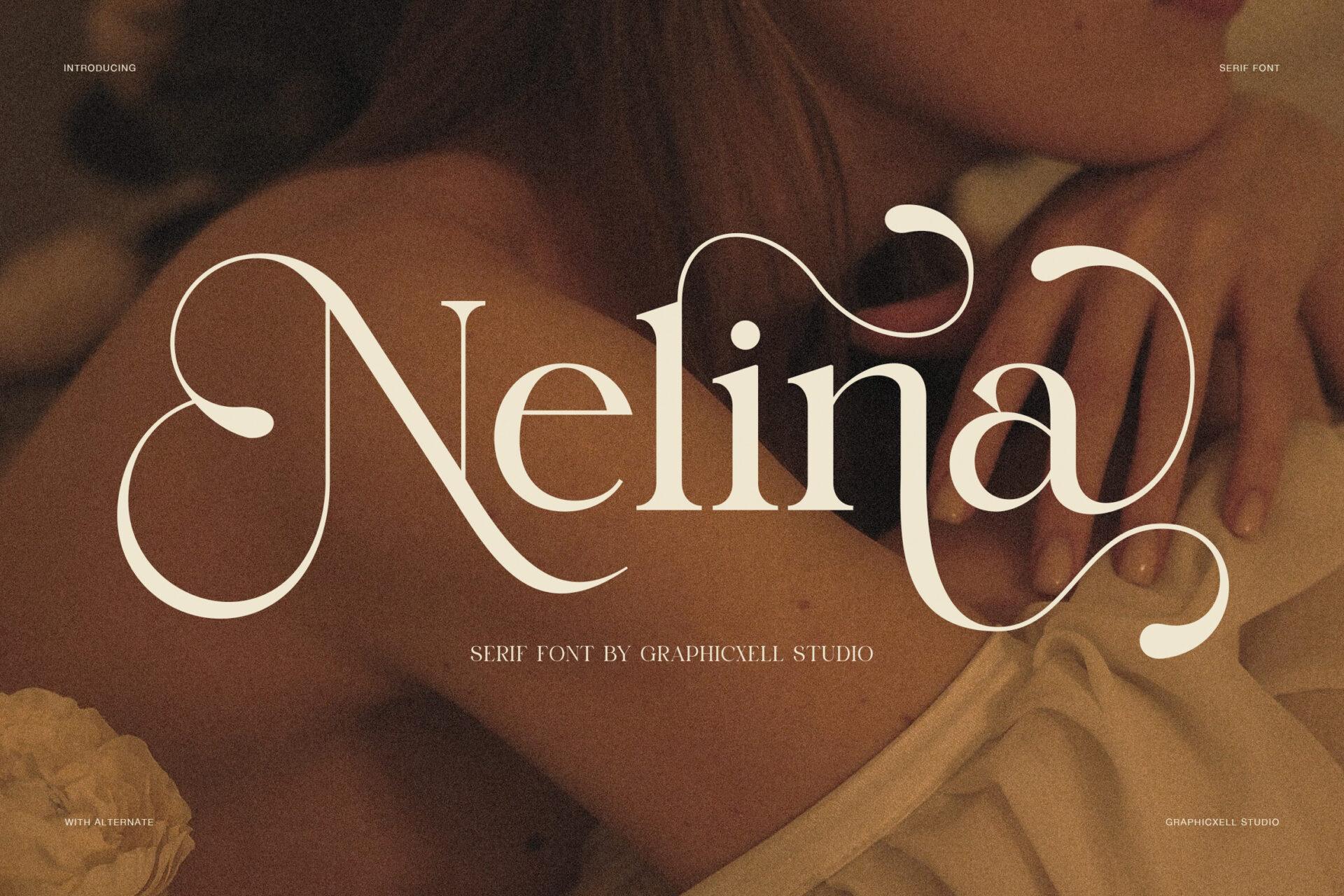 Nelina Font by Graphicxell, swashy display serif in cream over a dark warm photo