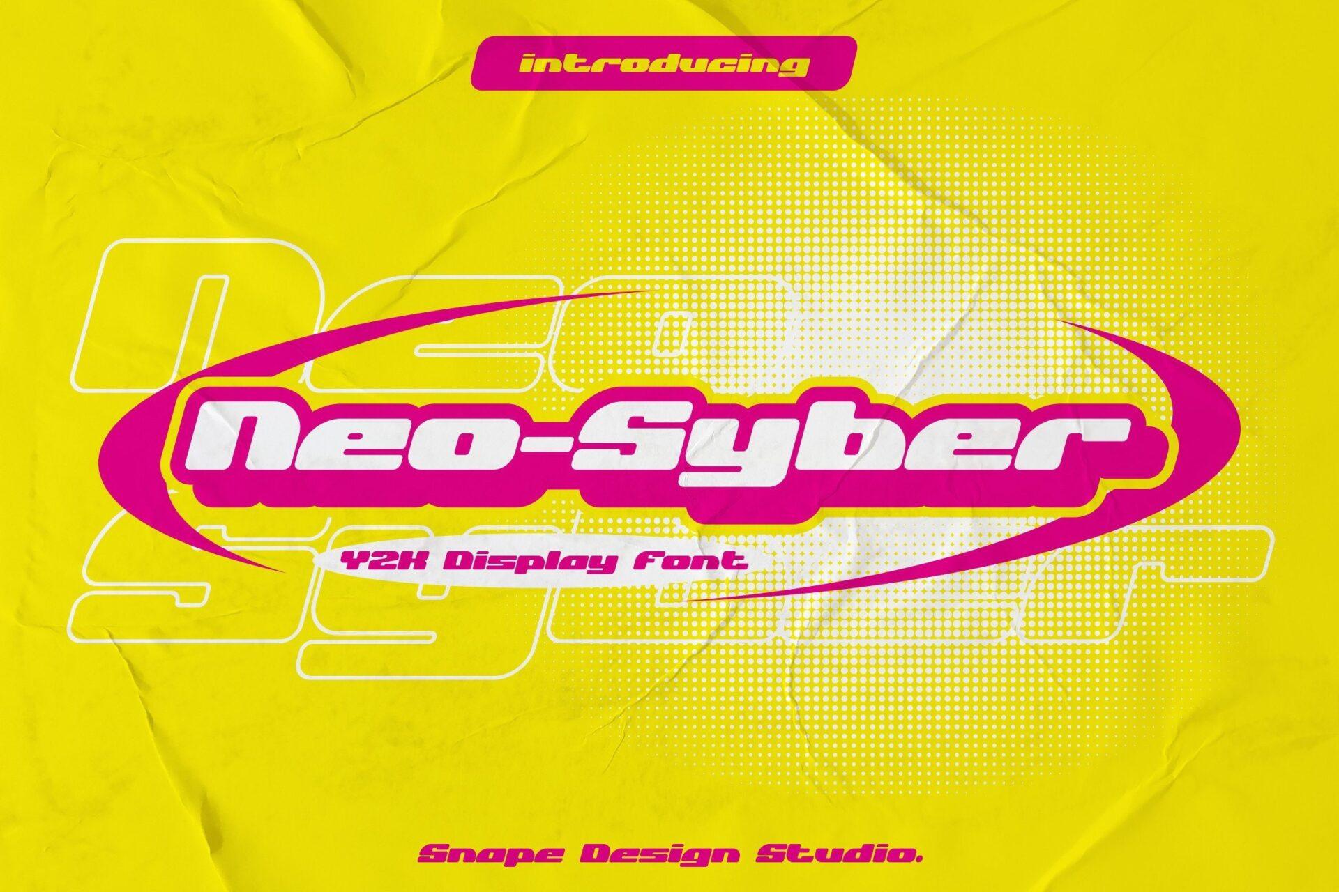 Neo Syber Font by snapedsgn, white slanted Y2K letters in a pink oval on yellow