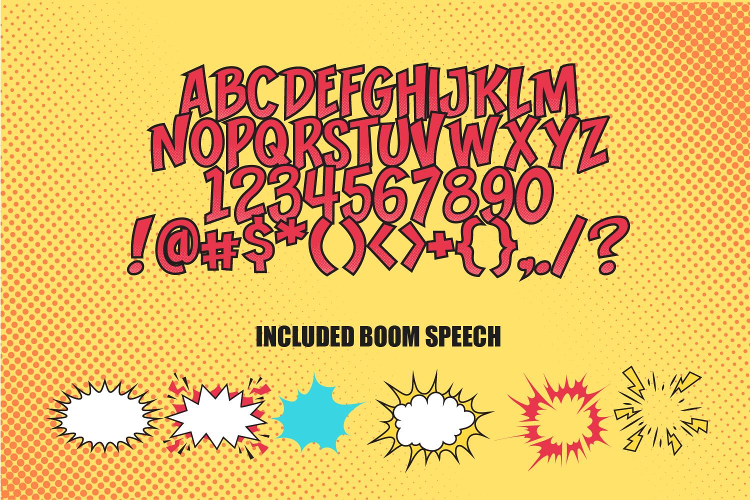 Ngomic Font by Rashdrawn alphabet with comic book capitals, numbers and boom speech bubbles