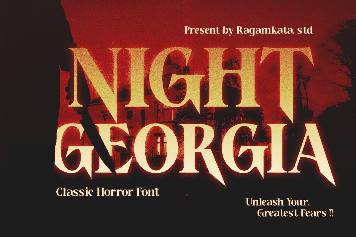 Night Georgia Font by RagamKata Studio, high-contrast serif with sharp points in golden horror poster lettering