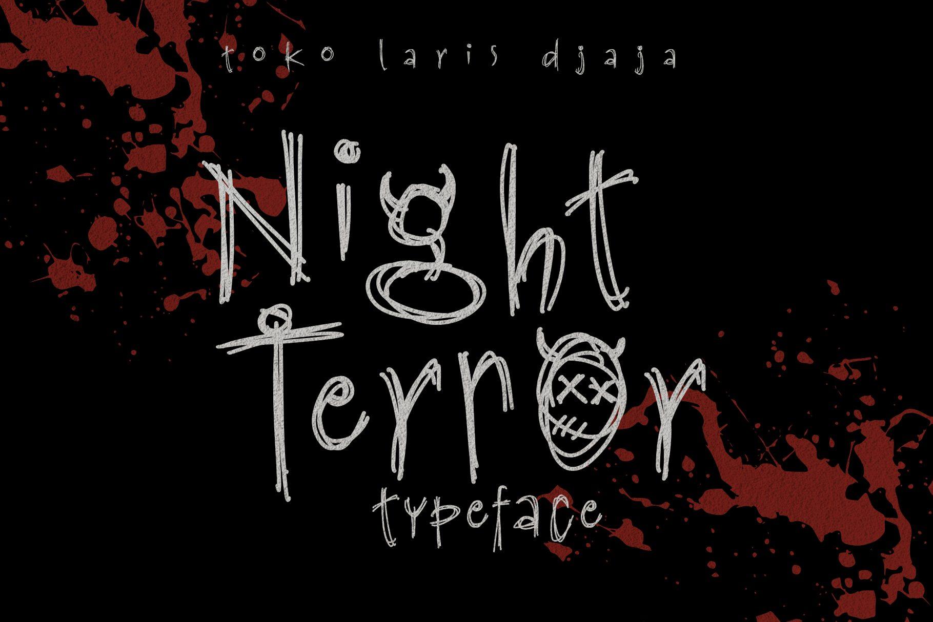 Night Terror Font by Toko Laris Djaja, shaky scribbled handwriting in light gray on a black background