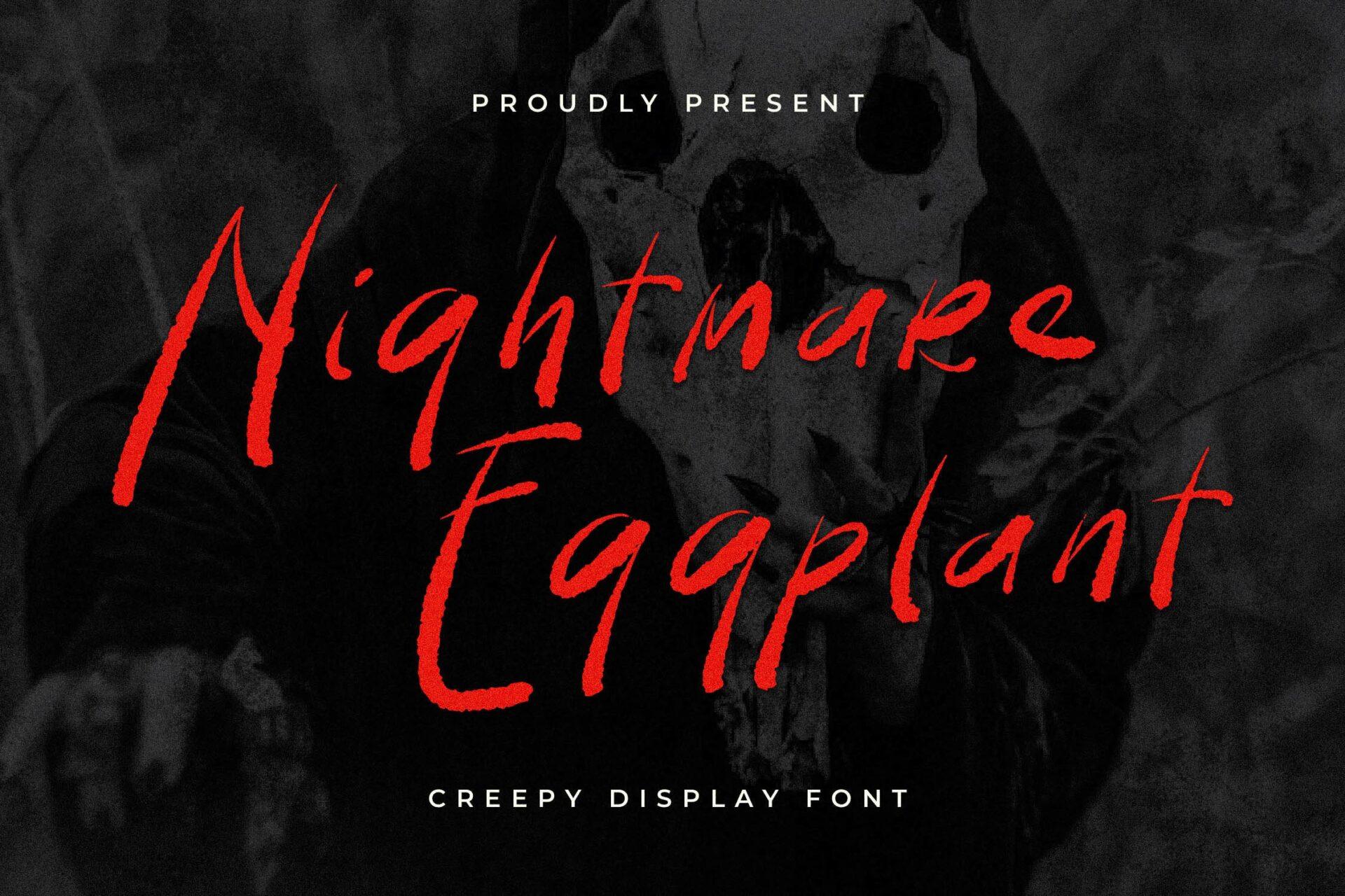 Nightmare Eggplant Font by Glorytype Studio, thin jittery red brush script on a dark background