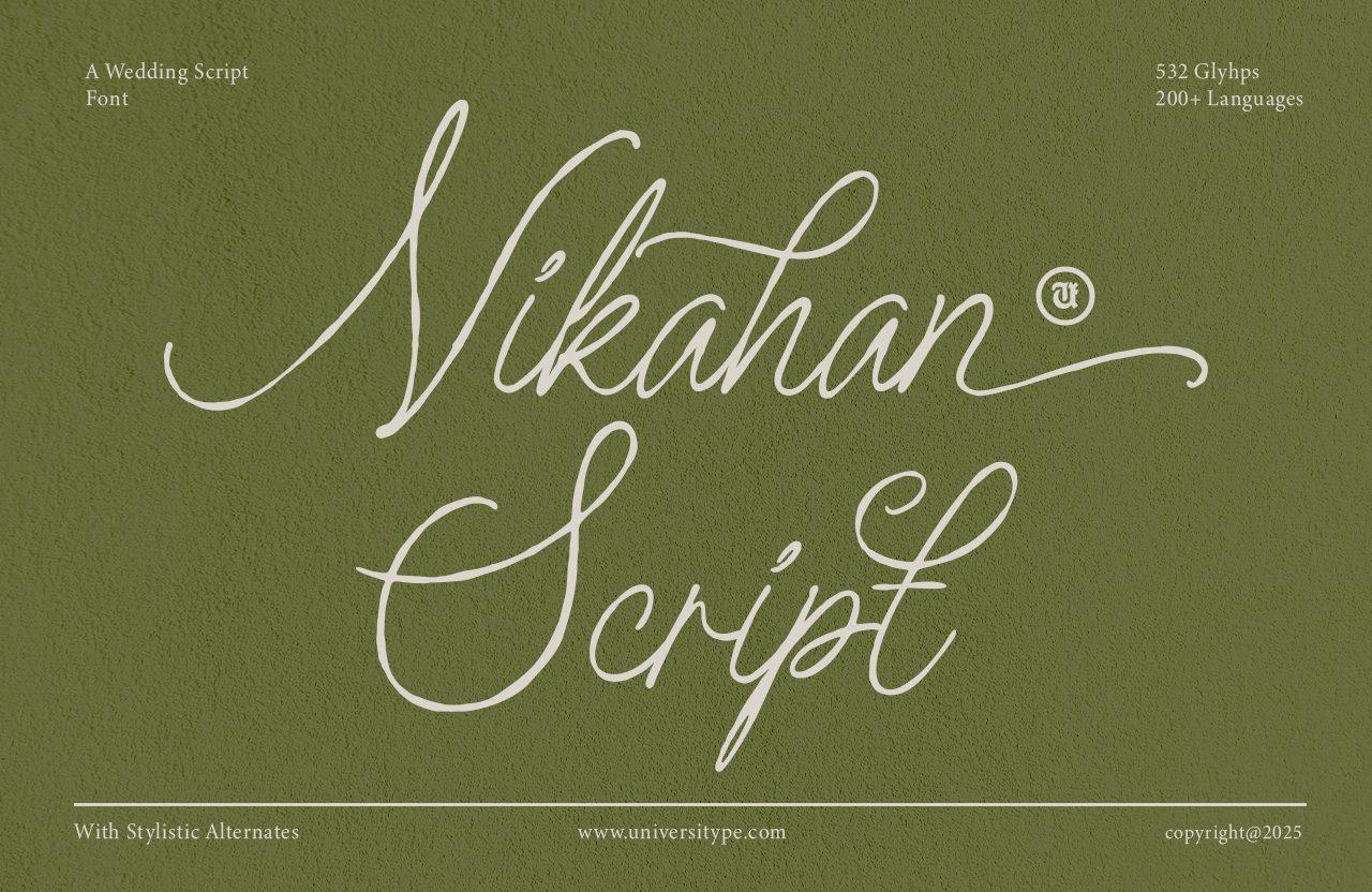 Nikahan Script Font by Universitype, thin monoline wedding script on olive green