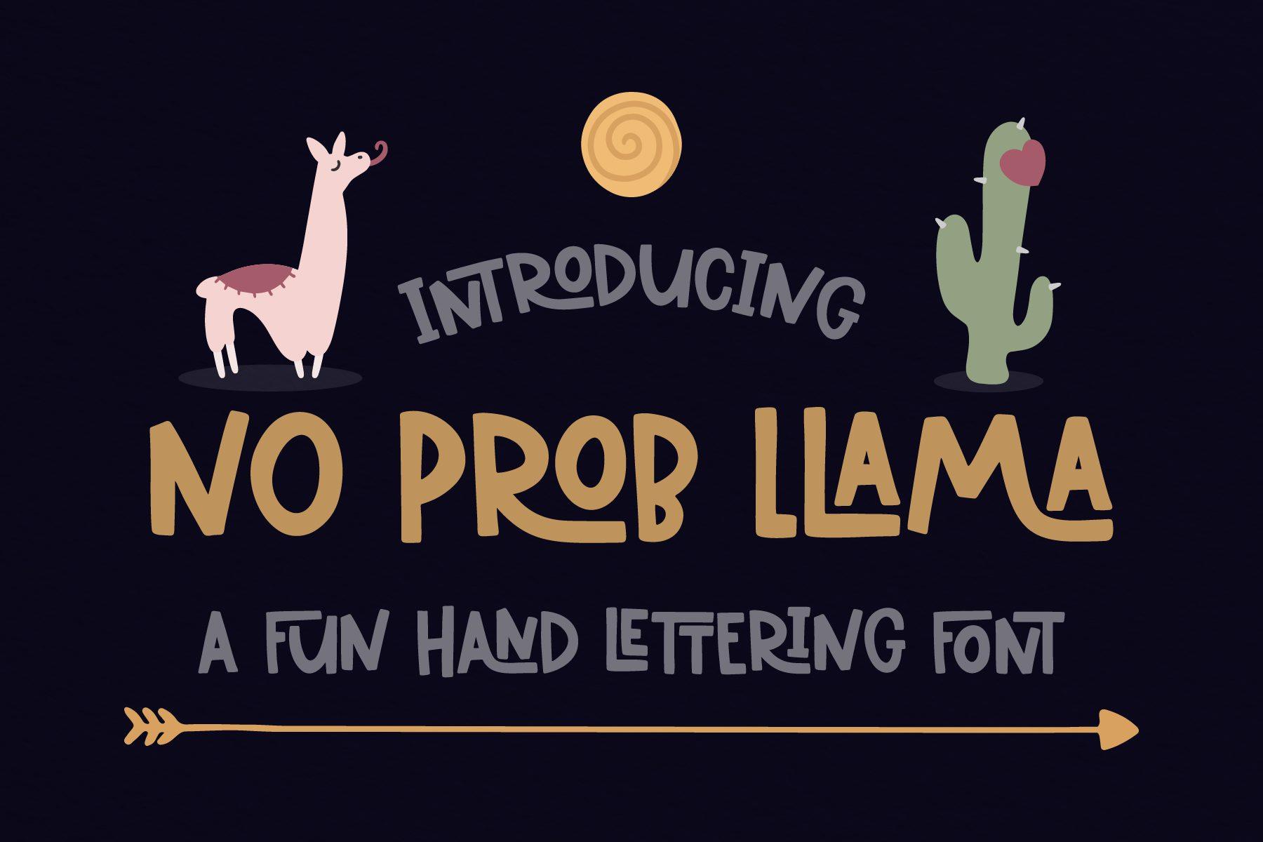 No Prob Llama Font by Emylia Design, uneven hand-drawn capital letters in mustard on navy with llama and cactus doodles