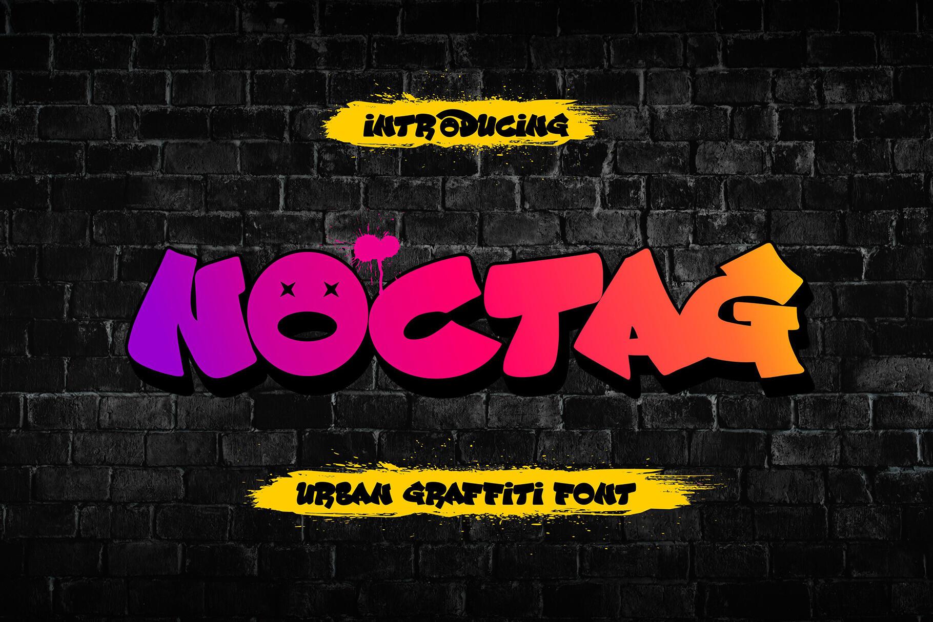 Noctag Font by Cikareotype, purple and orange gradient graffiti letters on dark brick font preview