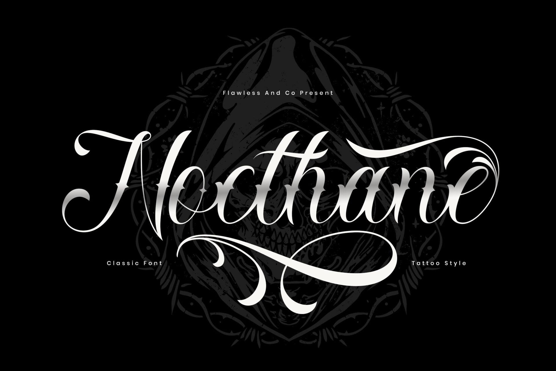 Nocthane Font by Flawless And Co, white calligraphy tattoo script with curling swashes on a black background, tattoo font preview