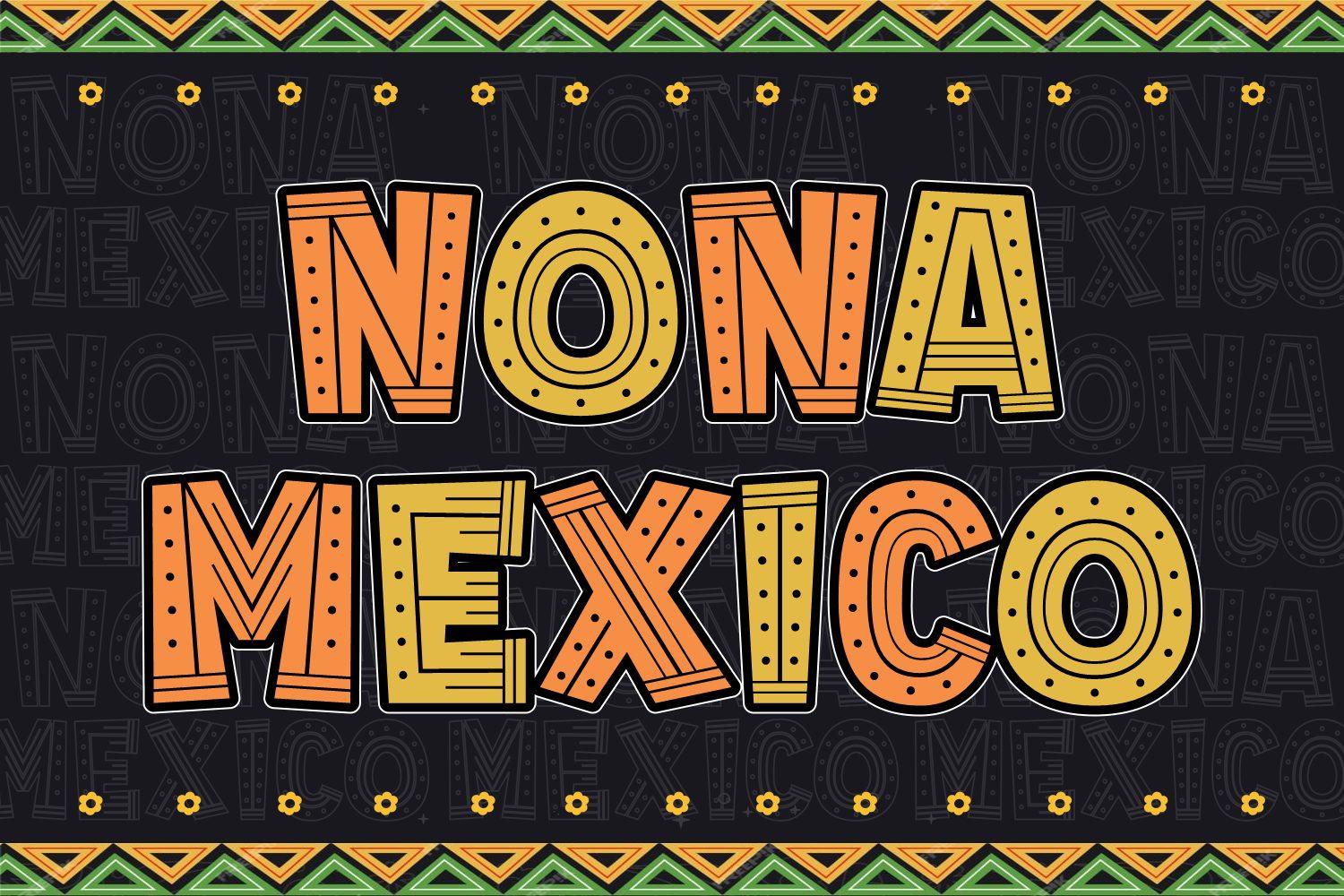 Nona Mexico Font by Creative Fabrica Fonts, orange capitals with dot ornaments and black outline on a dark preview