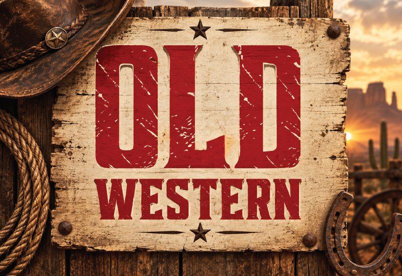 Old Western Font by GraphicsNinja, condensed red scratched capitals on a weathered wooden board preview