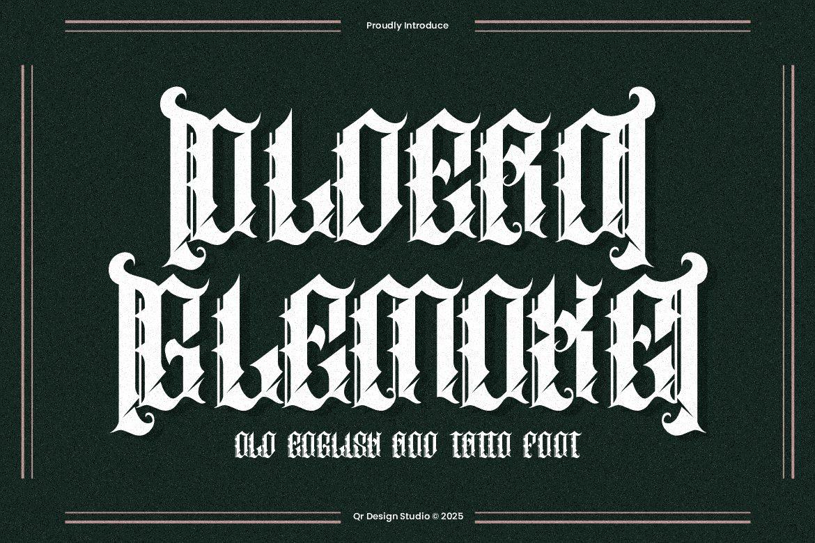 Oldero Glemoxe Font by qrdesignstd, highly ornamental white Old English blackletter on two lines on dark green, tattoo font preview