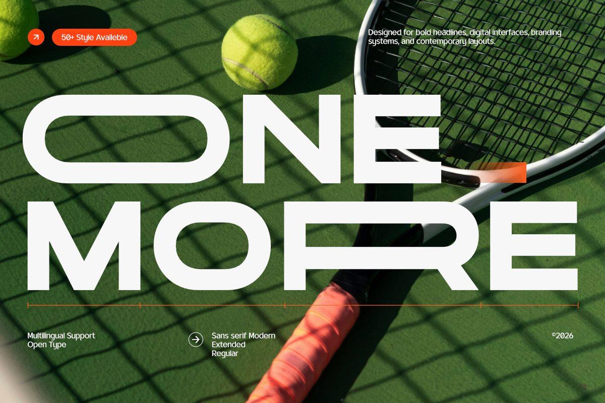 One More Font by Taboja Studio, extra-wide capitals with sliced letters on a tennis court photo