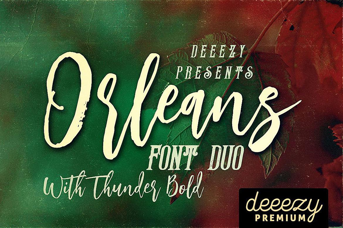 Orleans Script Font Duo by JumboDesign, rough brush script on a green and red background font pairing preview