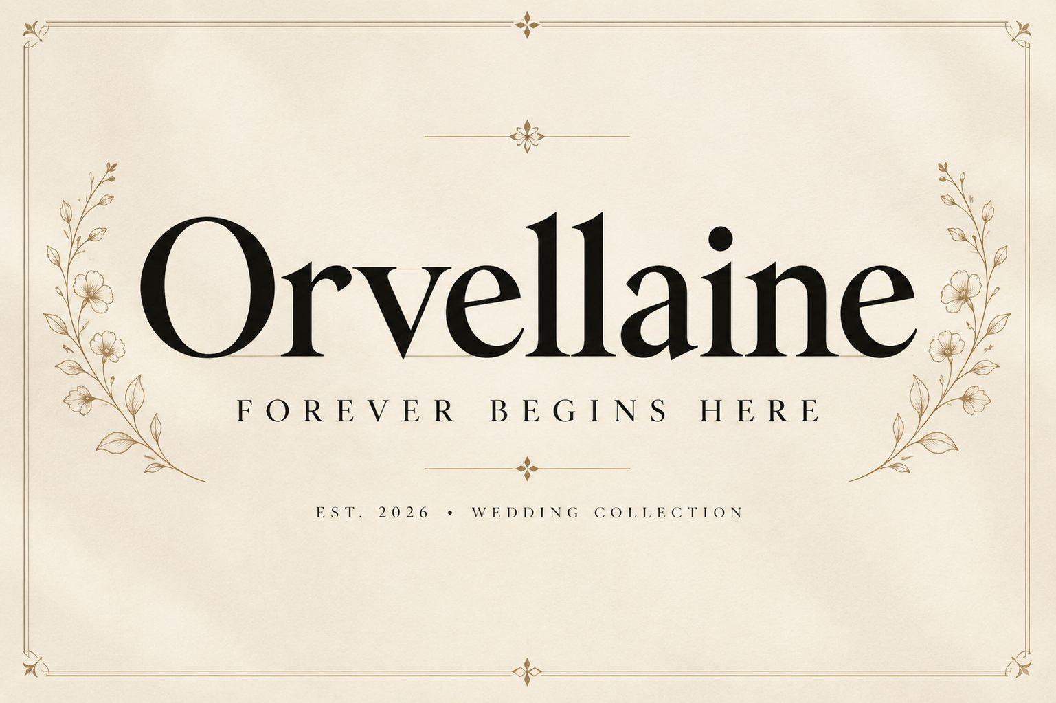 Orvellaine Font by Retro, high-contrast serif title on a cream wedding card with laurel branches