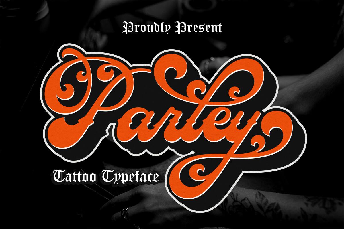 Parley Font by LetterFreshStudio, heavy orange retro tattoo script with black outline and shadow, tattoo font preview